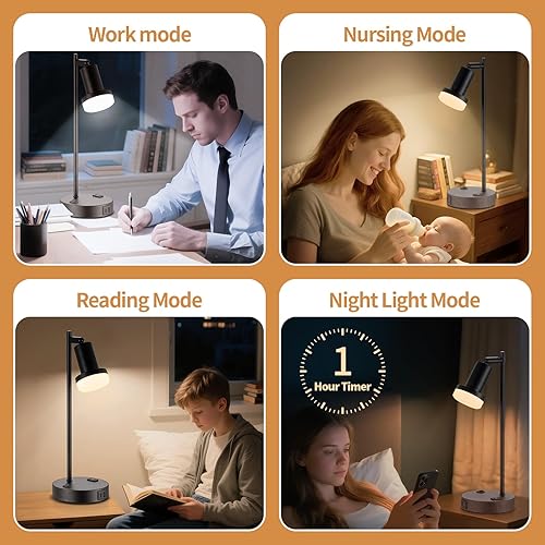 Miniatura 7 de Lámpara de mesa industrial con control remoto para atenuación y temperaturas continuas, lámpara de noche con puertos USB C+A y salida de CA, lámpara