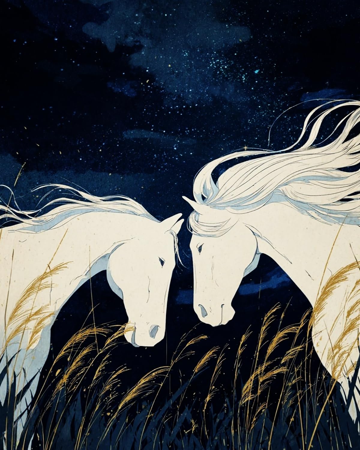 Liubaishi Black Paint By Numbers Kit For Adults, Two White Horses In The Starry Night, 16X20 Inch, Acrylic On Canvas