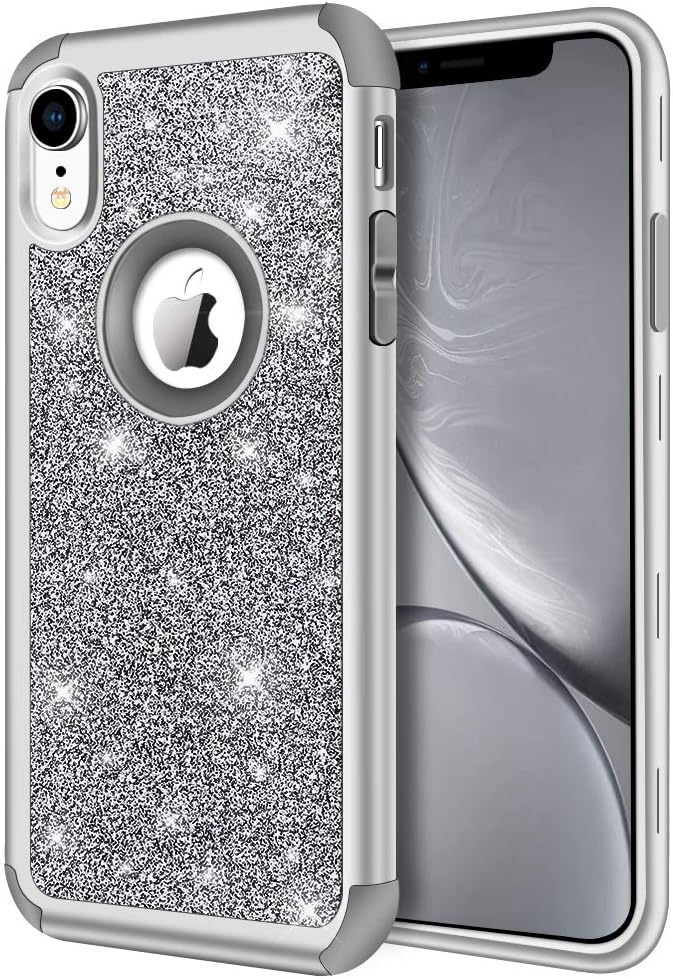 Hython Compatible with iPhone XR Case, Heavy Duty Full-Body Defender Protective Bling Glitter Sparkle Hard Shell Armor Hybrid Shockproof Silicone Rubber Bumper Cover for iPhone XR 6.1-Inch, Gray
