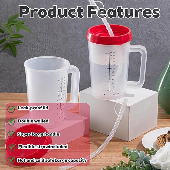 Disabled Adults Drinking Cup/Beaker/Mug/Sippy Cup, Adult Drinking for Disabled Adults Cup Water Bottle for The Elderly, Vulnerable and Disabled, Red