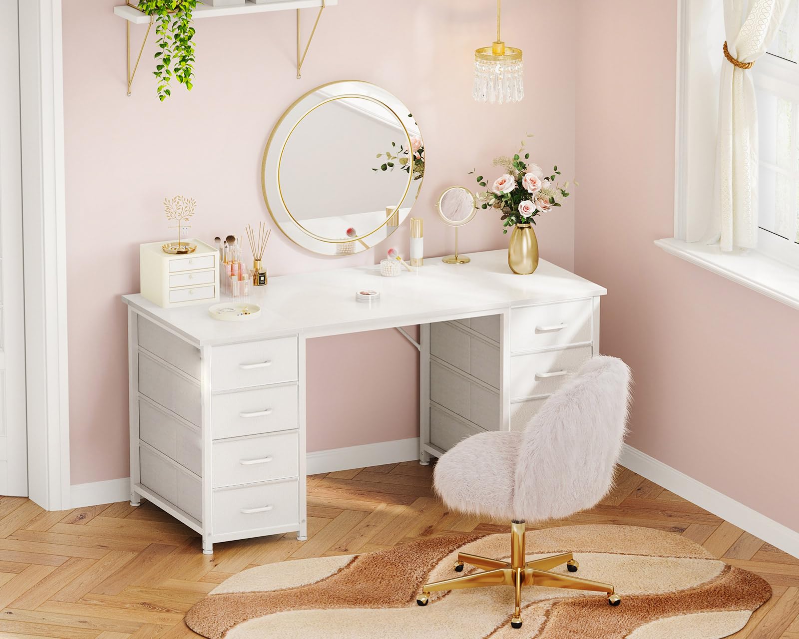 Coleshome Bureau avec 8 Tiroirs en Tissu, 120x48cm Bureau Blanc avec Rangement Table d'ordinateur Robuste, Table Informatique pour Salon Domicile