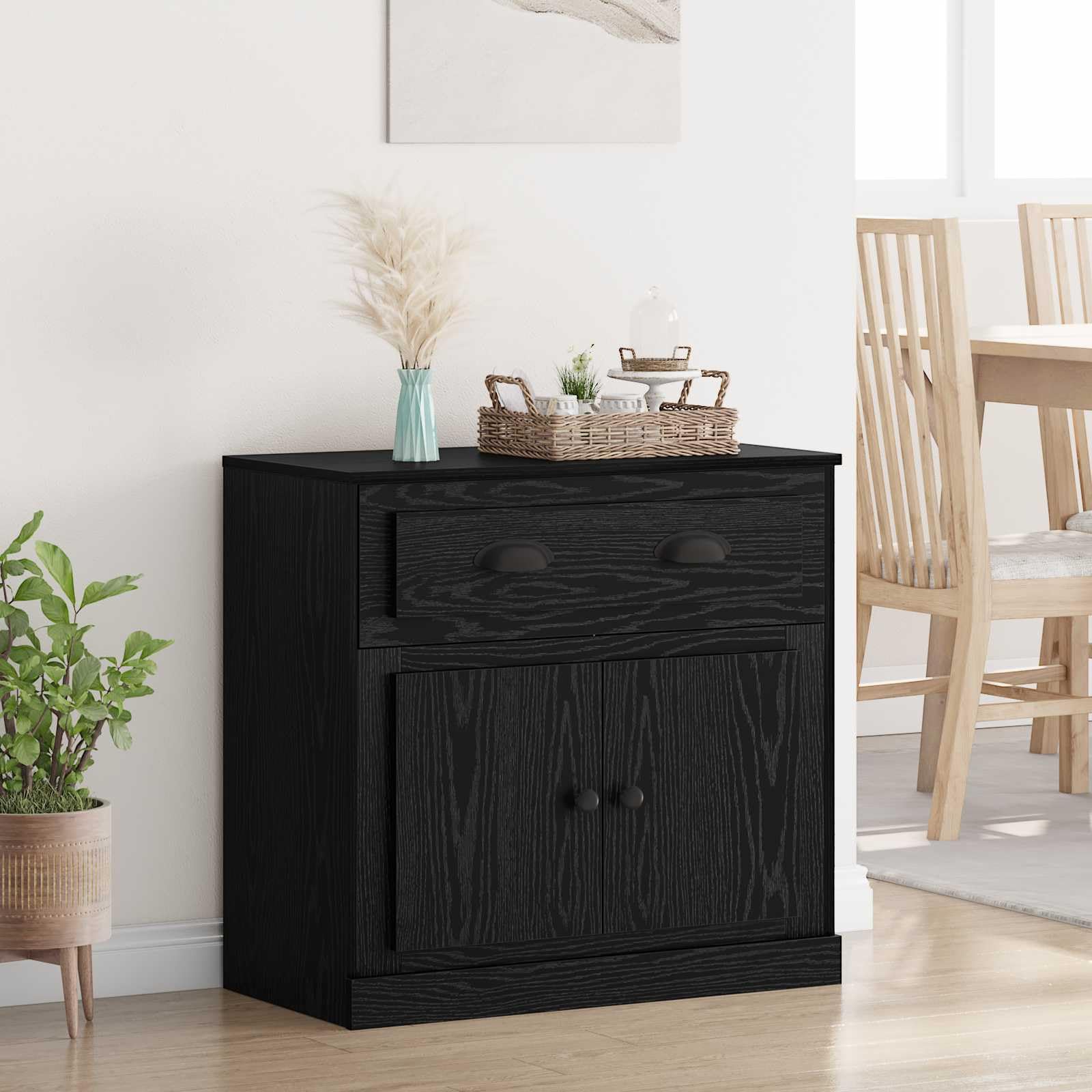Meuble haut noir aspect chêne en bois 70 x 35,5 x 67,5 cm avec tiroir et portes, buffet moderne pour salon, salle à manger et couloir, rangement polyvalent avec étagère et étagère