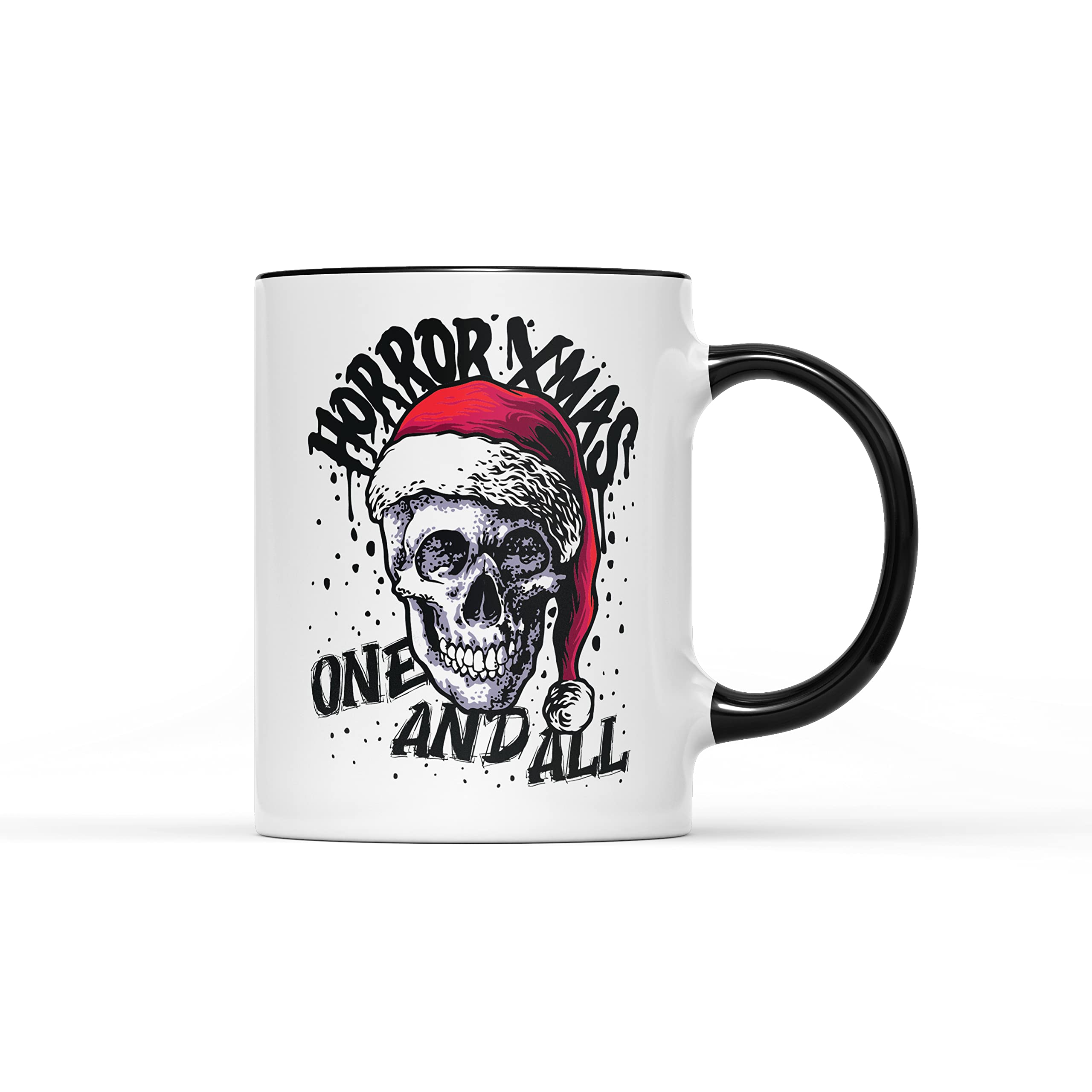 Horror Xmas One and All Cup/Mug - Novelty Alternative Skull Santa Merry Christmas 11oz Ceramic Heavy Duty Handle Dishwasher Microwave Safe (Black Handle Prime)