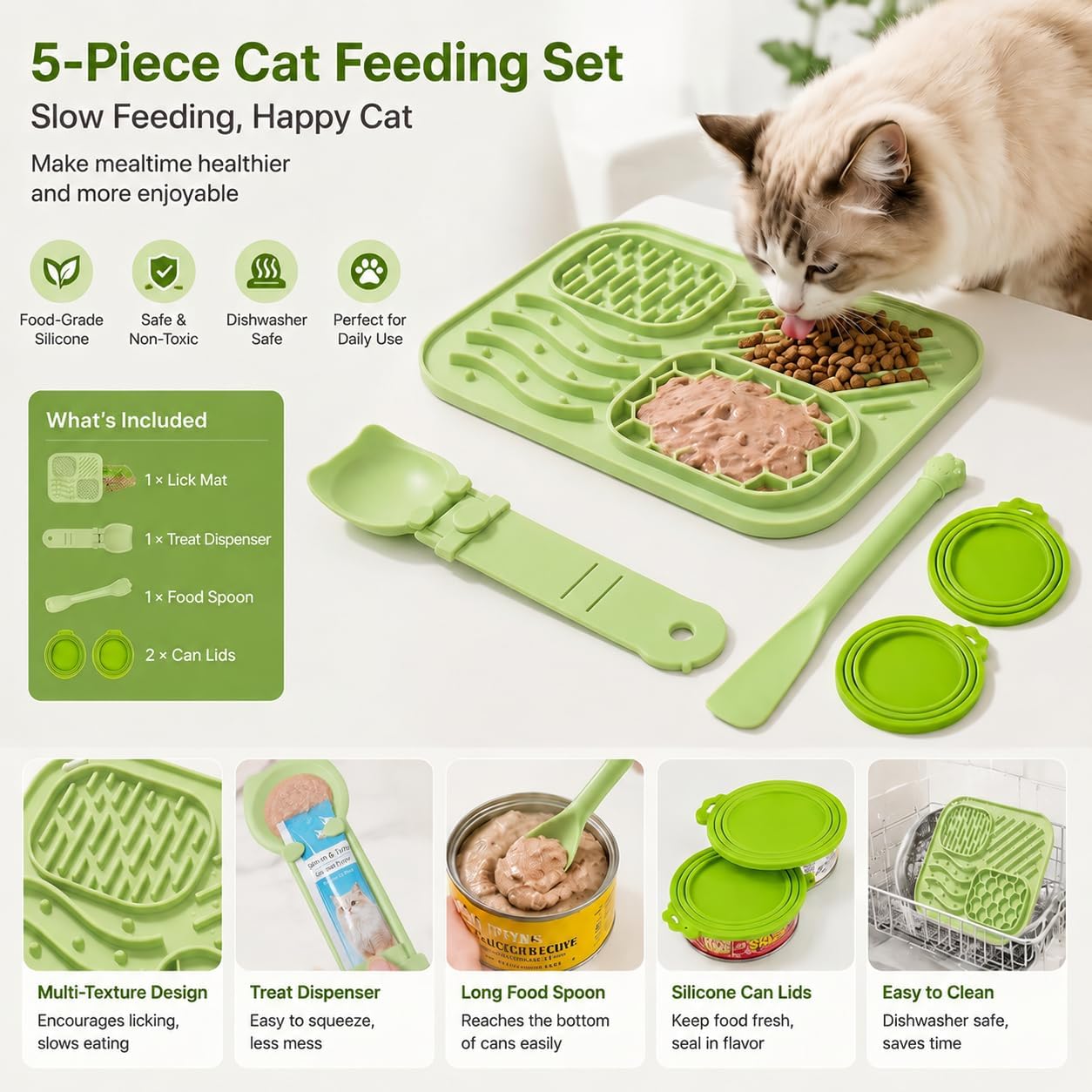 AZY 5-Piece Slow Feeder Cat Bowl Set, Silicone Cat Lick Mat, Cat Treat Dispenser, Food Spoon & 2 Pet Food Can Lids for Wet Food, Slow Eating & Daily Cat Enrichment (Green)