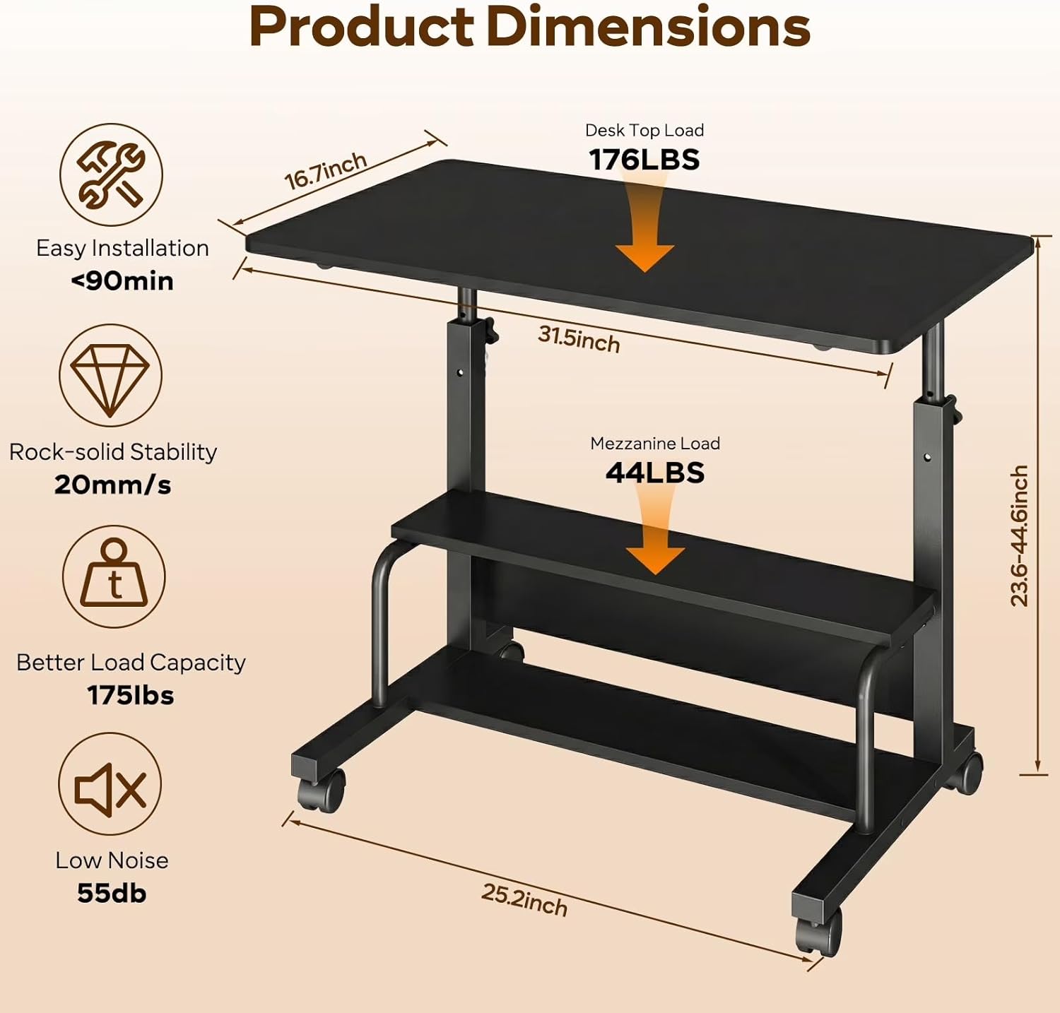 Adjustable Desk Standing Desk Small Desk for Small Spaces, Mobile Rolling Computer Desk on Wheels, Portable Desks Study Table for Home Office,Black