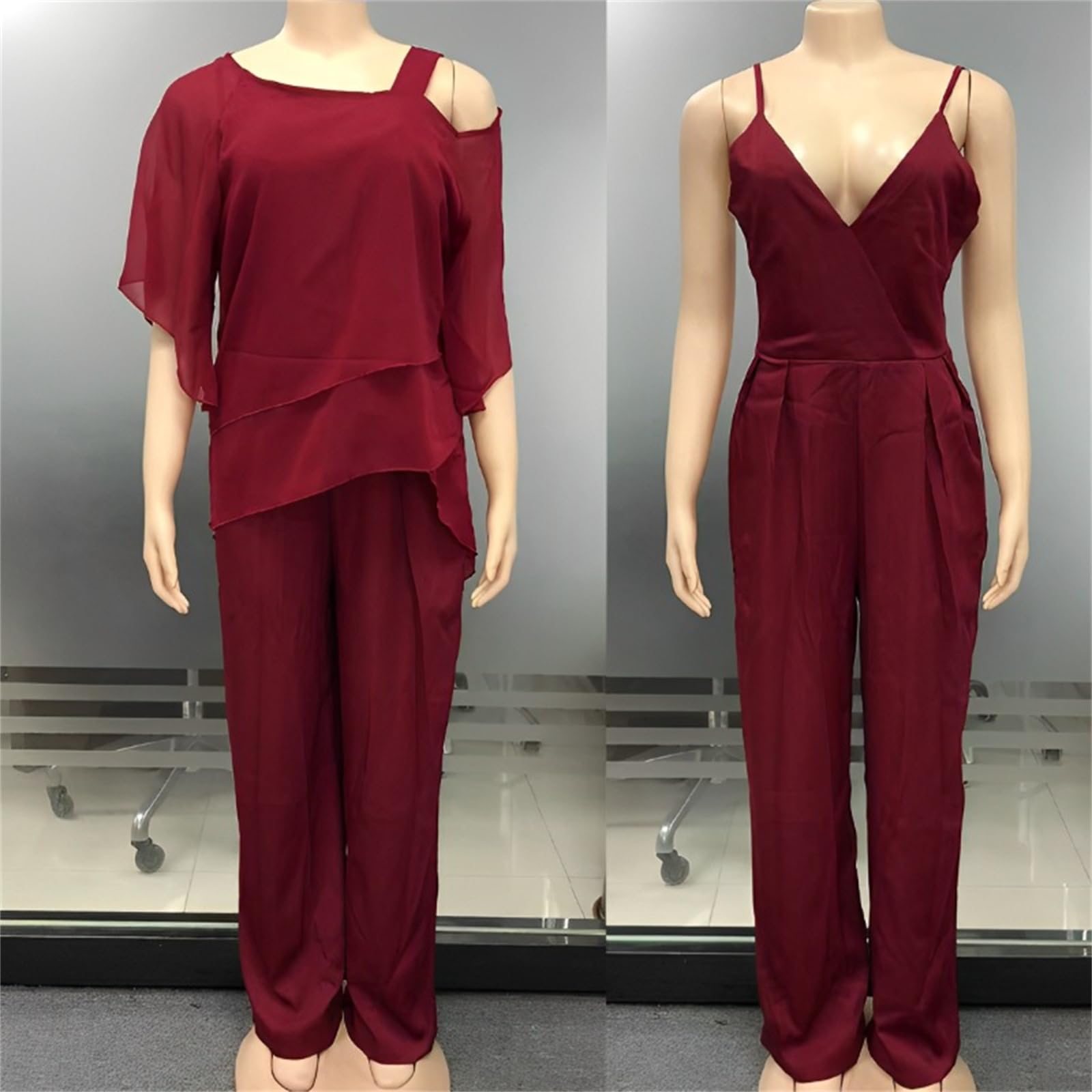 Generisch Zweiteiliges Damen-Outfit: Chiffon-Top mit Fledermausärmeln und asymmetrischem Schnitt sowie eleganter Jumpsuit mit weitem Bein – auch als Hosenanzug für Hochzeitsgäste geeignet