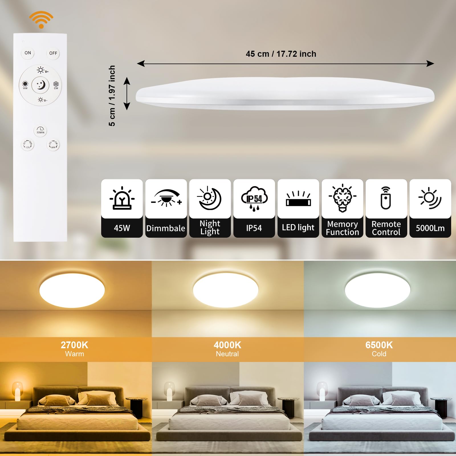 LEZOE LED dimmbar Deckenlampe mit Fernbedienung φ45cm, 45W 5000LM IP54 Wasserfest Deckenleuchte Speicherfunktion Nachtlicht, 2700K-6500K für Wohnzimmer, Kinderzimimer, Schlafzimmer Bad Küche Heimbüro