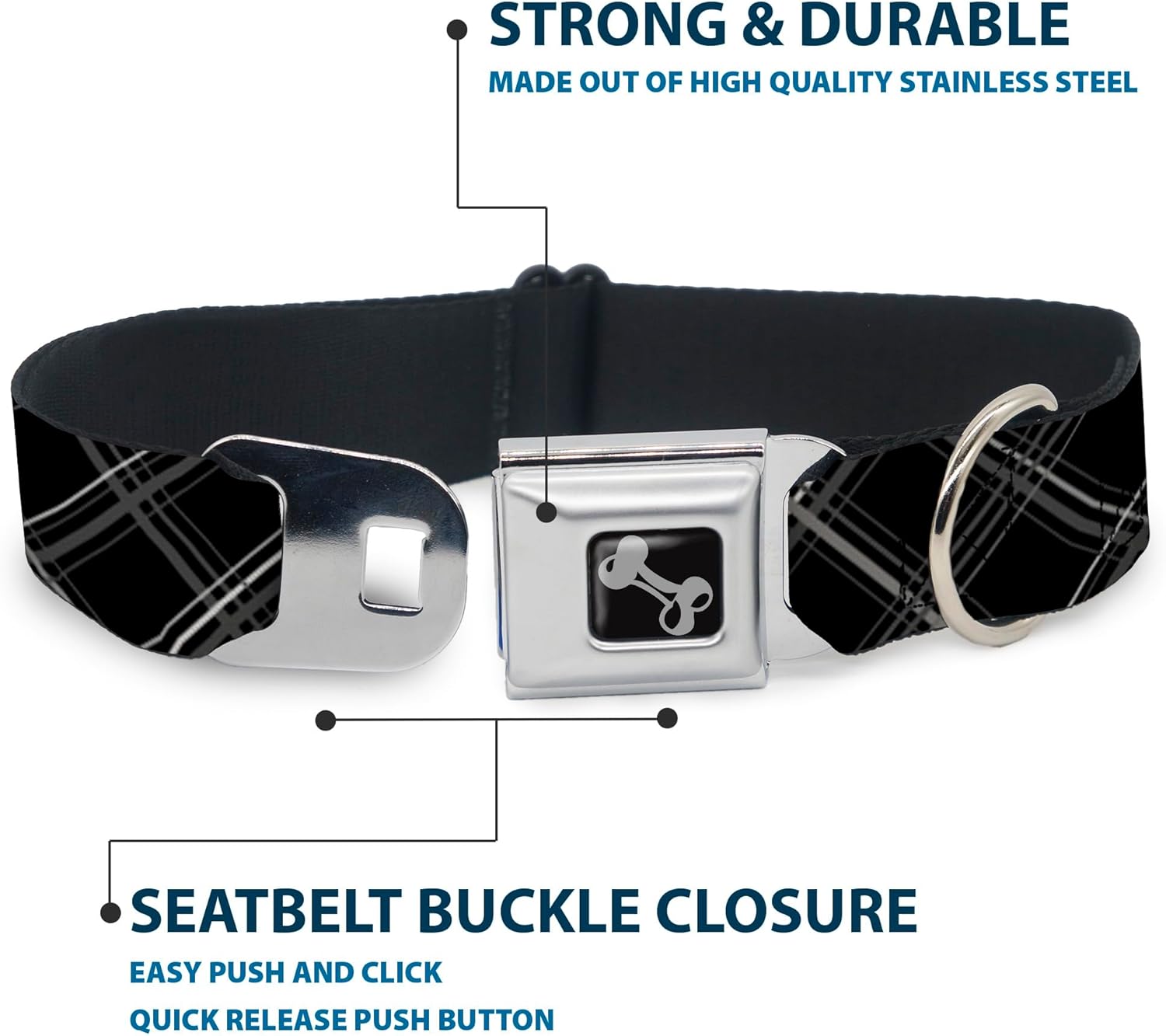 Buckle-Down Seatbelt Buckle Dog Collar - Plaid X Black/Gray - 1" Wide - Fits 9-15" Neck - Small