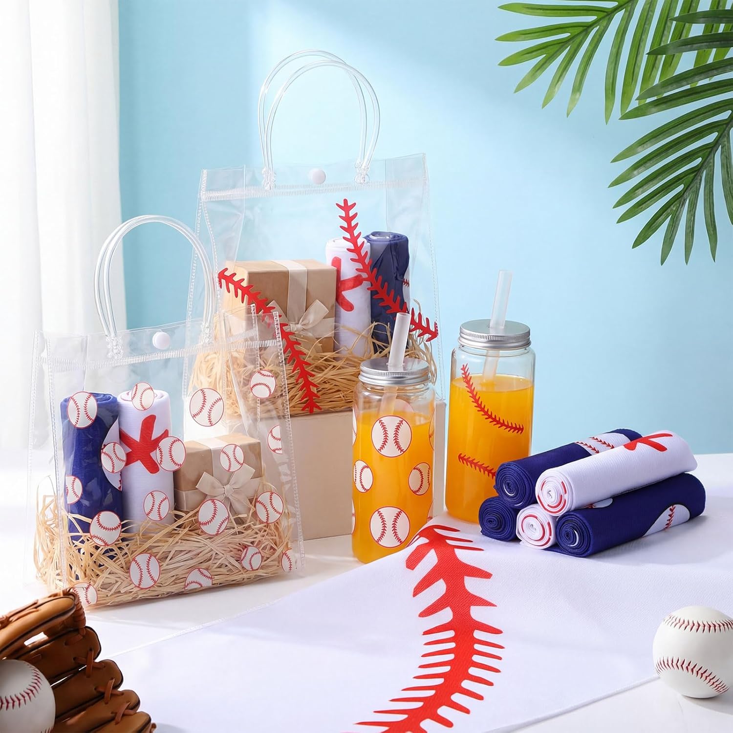 36 Pcs Baseball Party Gift Set Include 12 Baseball Plastic Cups Bulk with Lid Straw 12 Baseballs Cooling Towel 12 Baseballs Transparent Goodie Bag for Sport Birthday Team Party Favors