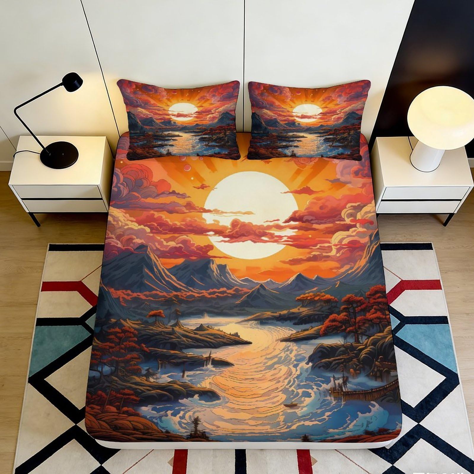 Pnayamiorkfel Style-9 3D Printed Sunset Landscape Fitted Sheet Microfiber Artistic Bed Cover For Bedroom Dorm Mattress Protection Decor 90X200x25cm