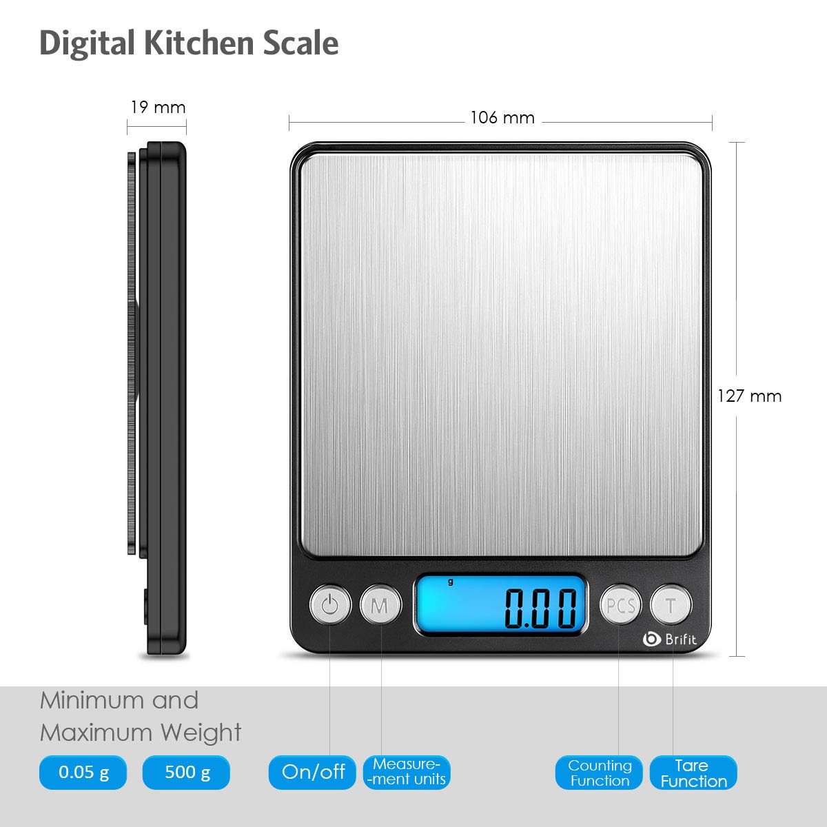 Brifit Bilancia di precisione, 500 g/0,01 g, bilancia da cucina, con funzione tara e conto, schermo LCD retroilluminato, 100 g di peso di calibrazione (acciaio inossidabile, nero)