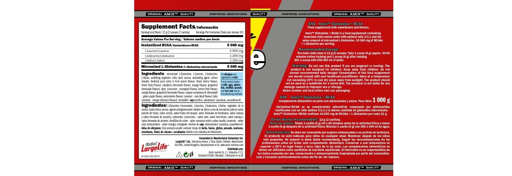 AMIX - Bcaa Glutamina - 1 Kg - Complemento Alimenticio de Glutamina en Polvo - Reduce el Catabolismo Muscular - Óptimo para Deportistas - Sabor Lima Limón - Aminoácidos Ramificados