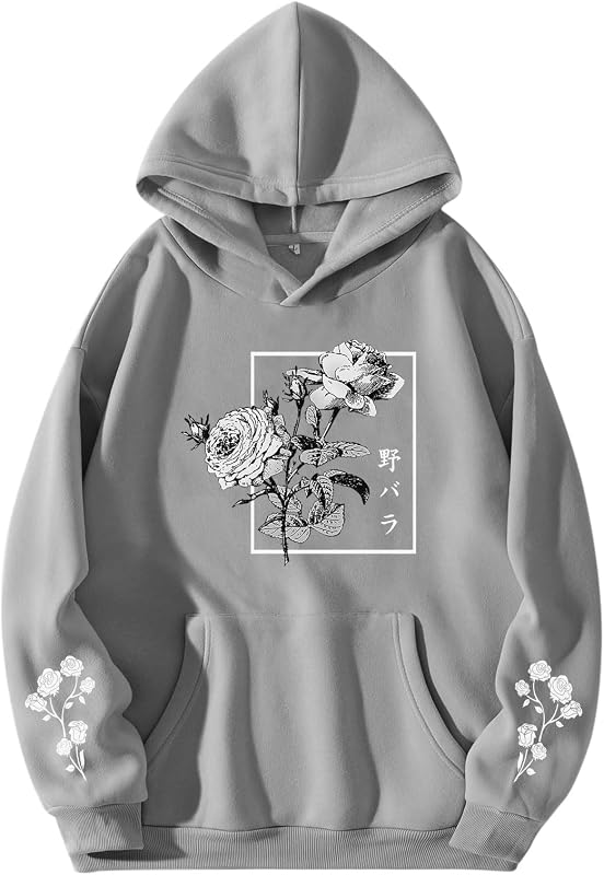 Sulayesh Rose Floral Graphic Hoodie for Men Aesthetic Japanese Hoodies Oversized Trendy Streetwear Pullover Sweatshirt (Gray,2XL)