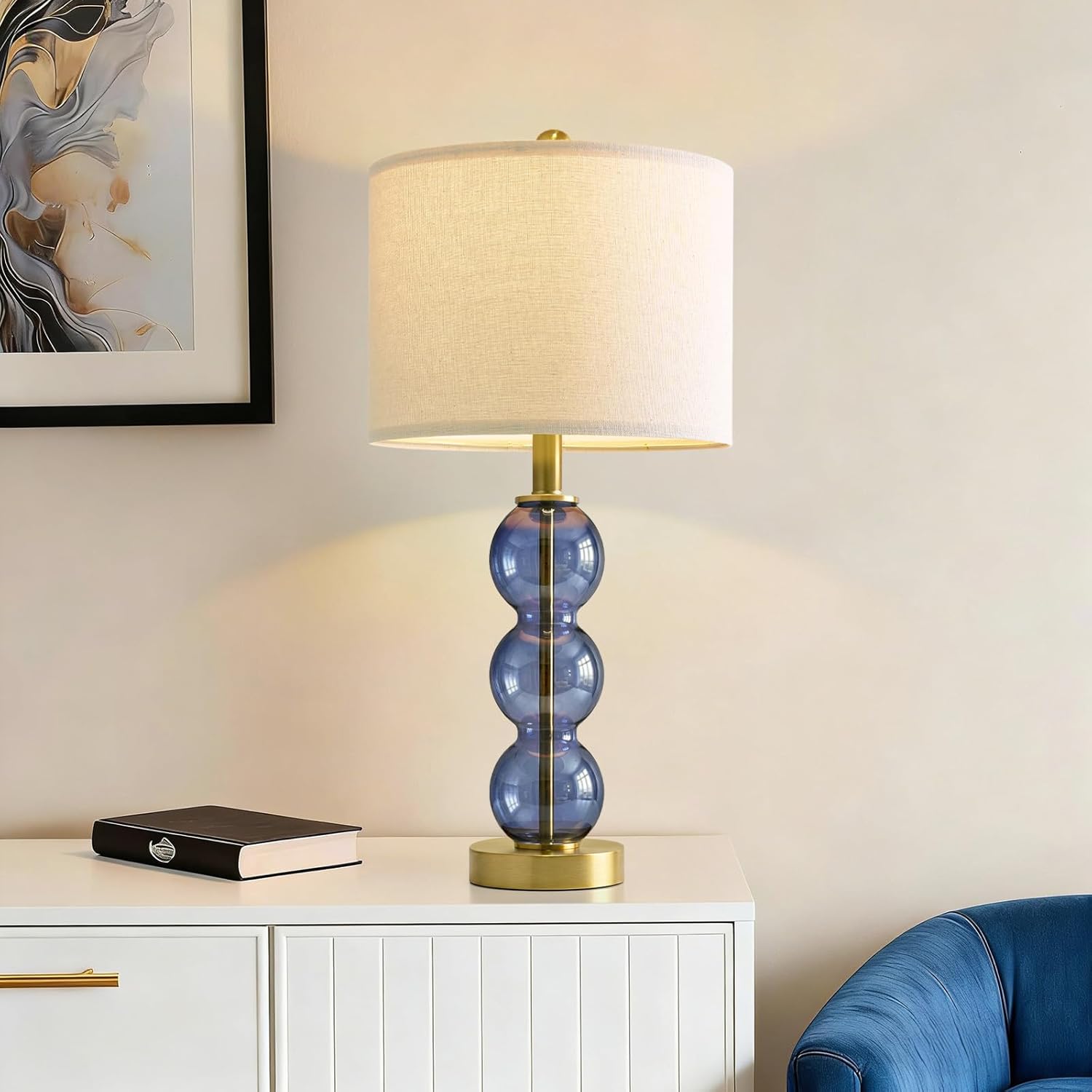 Oneach 25" Blue Table Lamps for Living Room, Glass Modern Table Lamp Set of 2, USB Charging Ports, Linen Shade, Bedside Lamps for Bedroom, Nightstand, Side Table