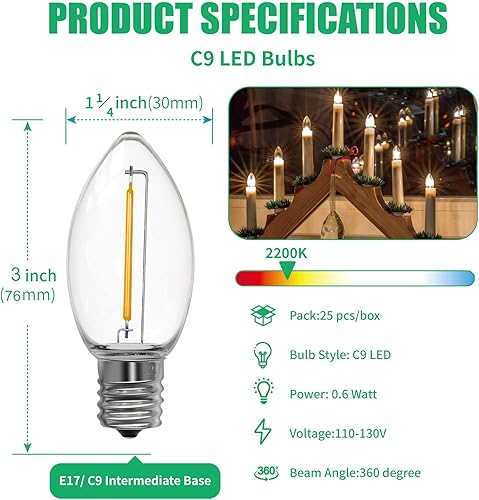 Miniatura 9 de Meconard Bombillas LED C9 de repuesto para Navidad, bombillas LED inastillables C9 para Navidad, para interiores y exteriores, mini bombilla