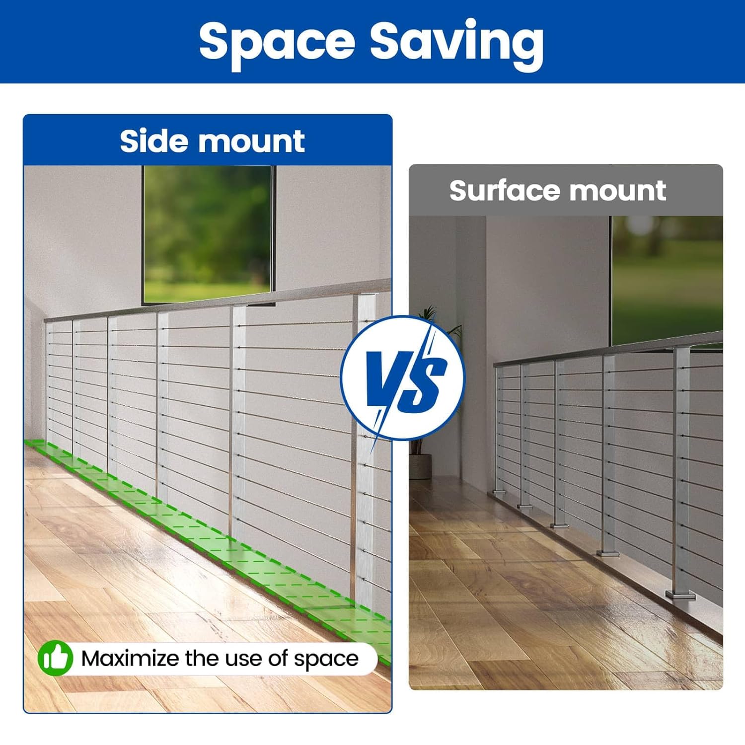 Comparison of side mount vs. surface mount cable railing posts, showing side mount maximizes space.