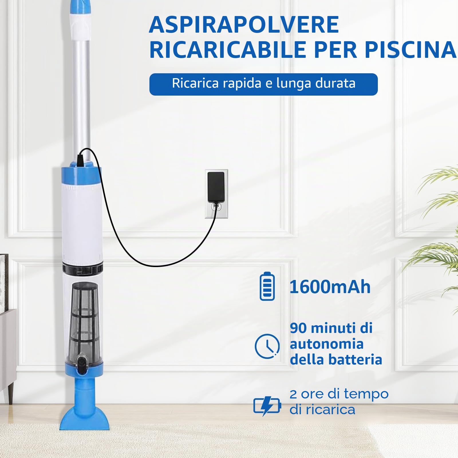 Aspirapolvere per Piscina 3 in 1 con Batteria Senza Fili | Asta Telescopica, Autonomia fino a 90 Minuti, Con Filtro, Per Spa, Vasche Idromassaggio, Piccole