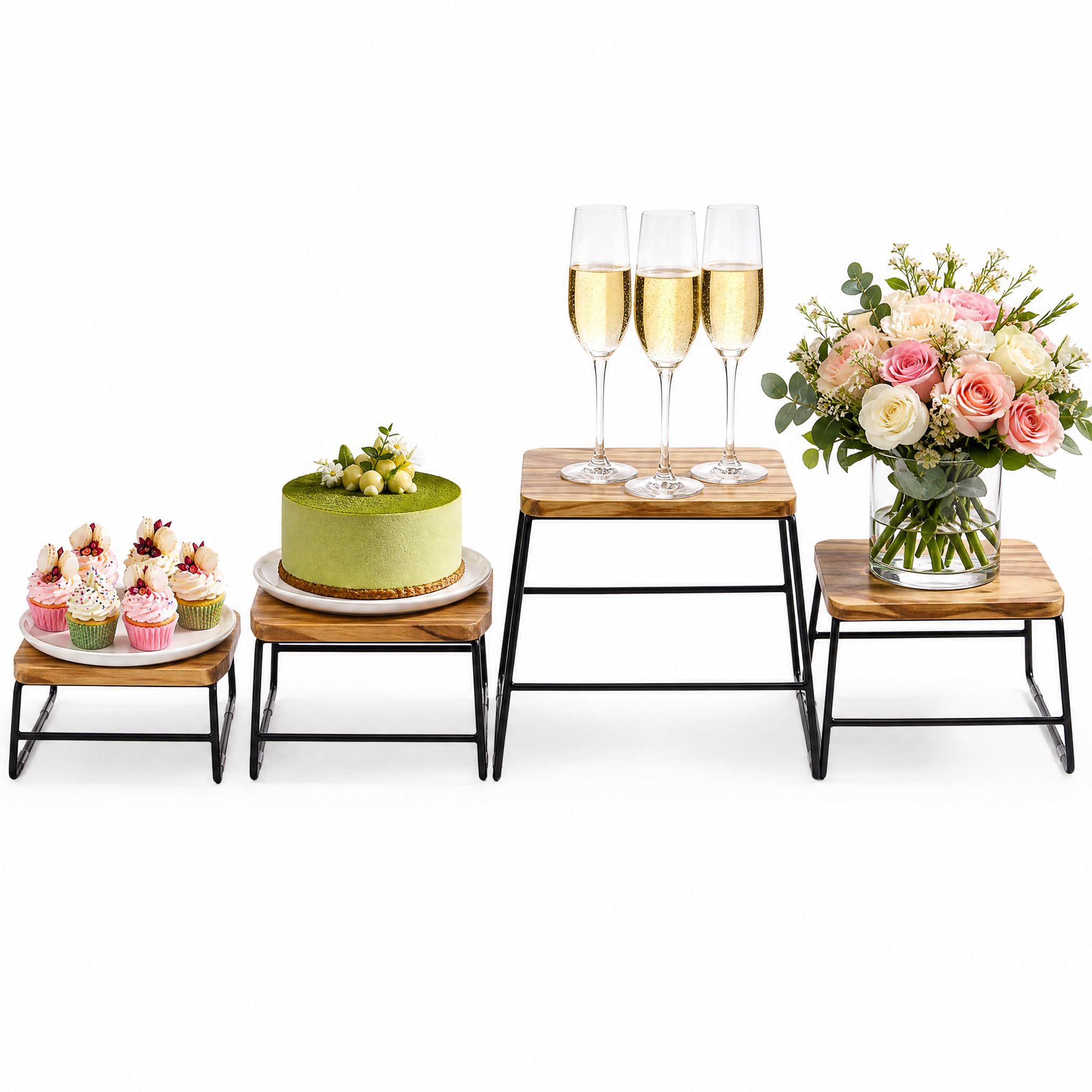 ZENFUN Lot de 4 rehausseurs de buffet en bois, rehausseurs de table à dessert, support de plat à pizza, support à cupcakes et rehausseurs en bois, plateau et support d'assiette