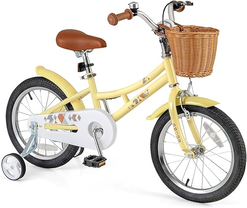 Miniatura 14 de BABY JOY Bicicleta retro para niños, 12, 14, 16, 18 pulgadas, para niños de 3 a 8 años, con cesta de ratán, altura ajustable, ruedas de Amarillo