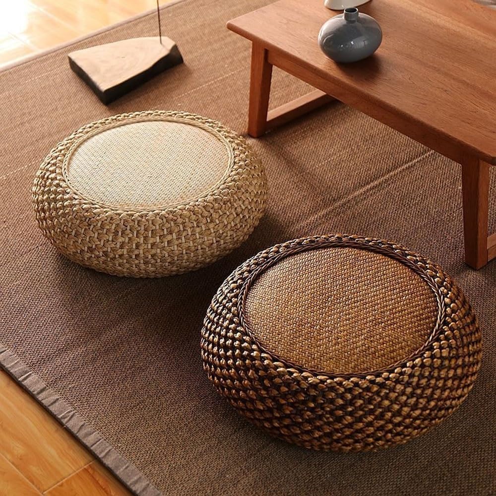 Round Rattan Poof, Floor Pouf Mat, Meditation Cushion, Handmade Ottoman Footstool, Floor Cushions, Boho Living Room Decor for Meditation, Zen, Yoga Practice(Brown,60cm-23.6in)