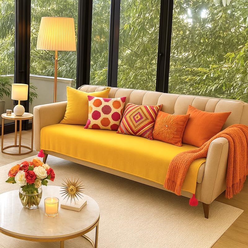 Image of Light Yellow U-Shape Fully Covered Sofa Cover Set for 11 Seater | 4+3+4 Sofa with Tassels | Anti-Slip Seat & Back Cover Set of 6 | Multicolour Boho Corner Tassels Sofa Throw | Festive Sofa Cover