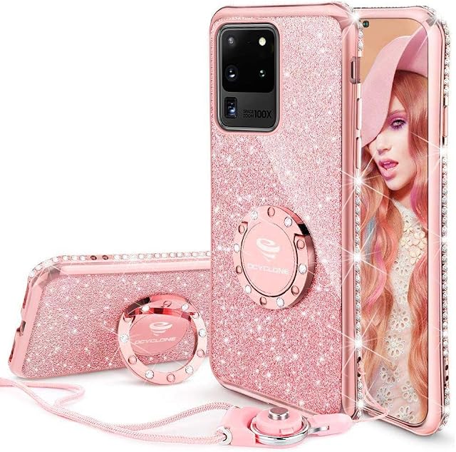 OCYCLONE for Galaxy S20 Ultra Case, 6.9in Glitter Diamond Kickstand S20 Ultra Case with Ring&Lanyard Designed for Girls Women, Bling Protective Case for Samsung Galaxy S20 Ultra - Rose Gold