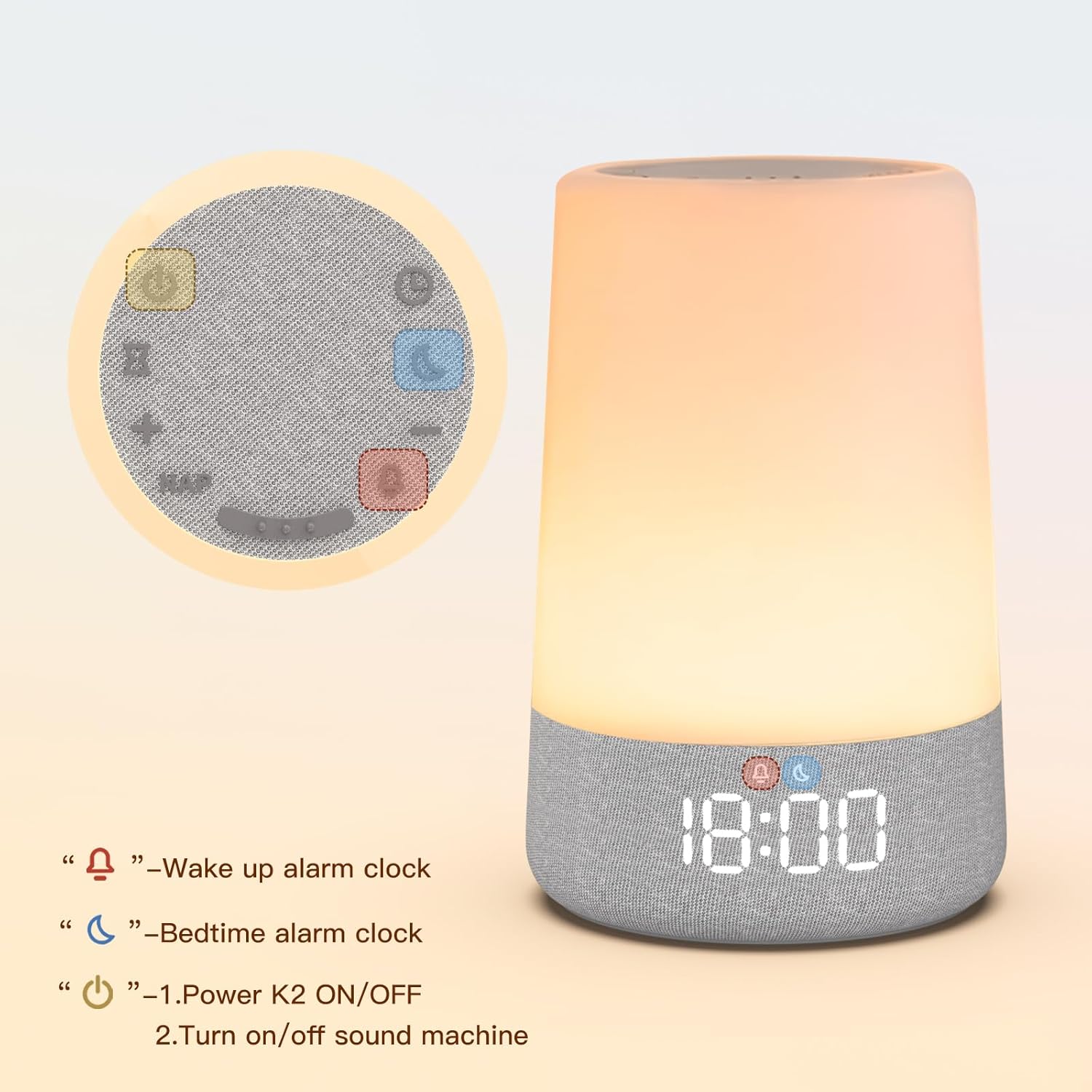 맨 위 view of REACHER Sleep Trainer Alarm Clock K2 showing control buttons