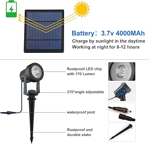 Miniatura 4 de Focos solares para exteriores, focos para paisajes IP65 impermeables con cable de 3m, luces elevadas solares del atardecer al amanecer para árbol,