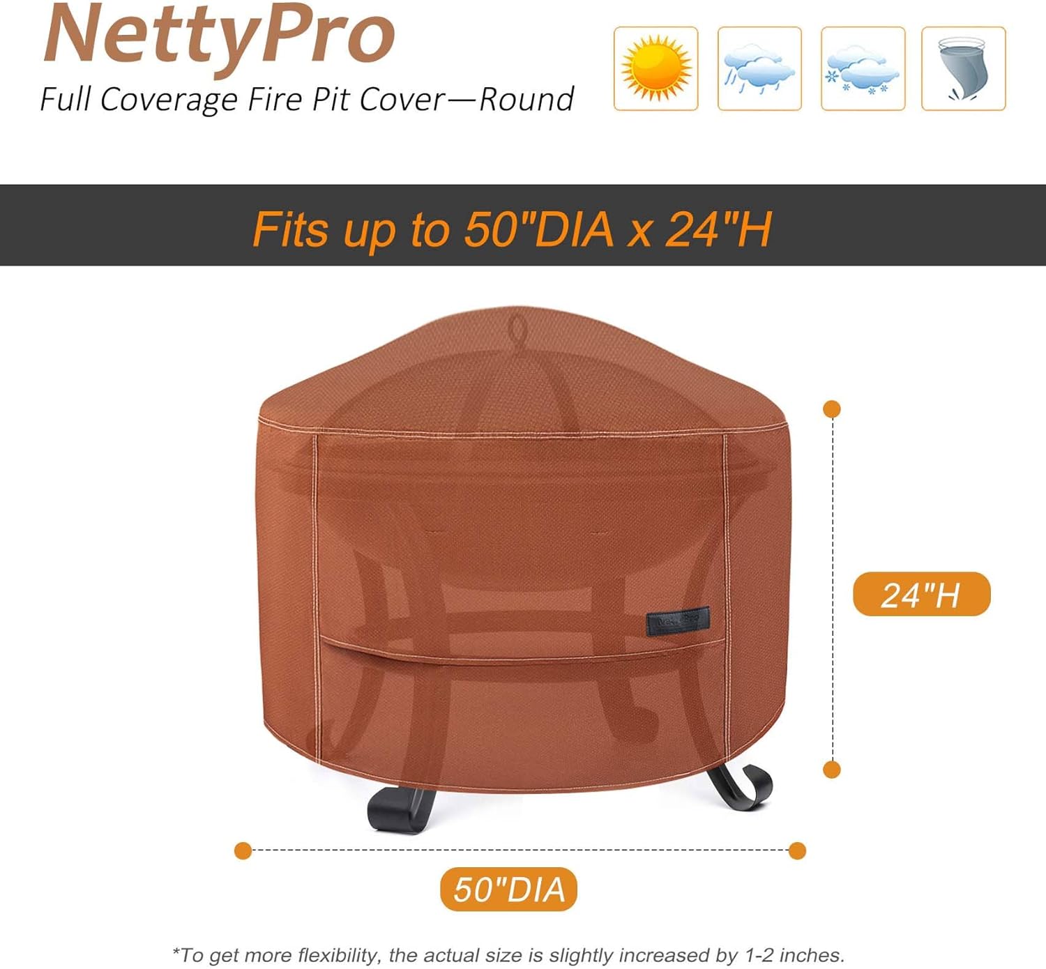 NettyPro Fire Pit Cover Round Waterproof Outdoor Firepit Cover for Gas Propane Fire Pit Table, 50 x 24 inch, Brown