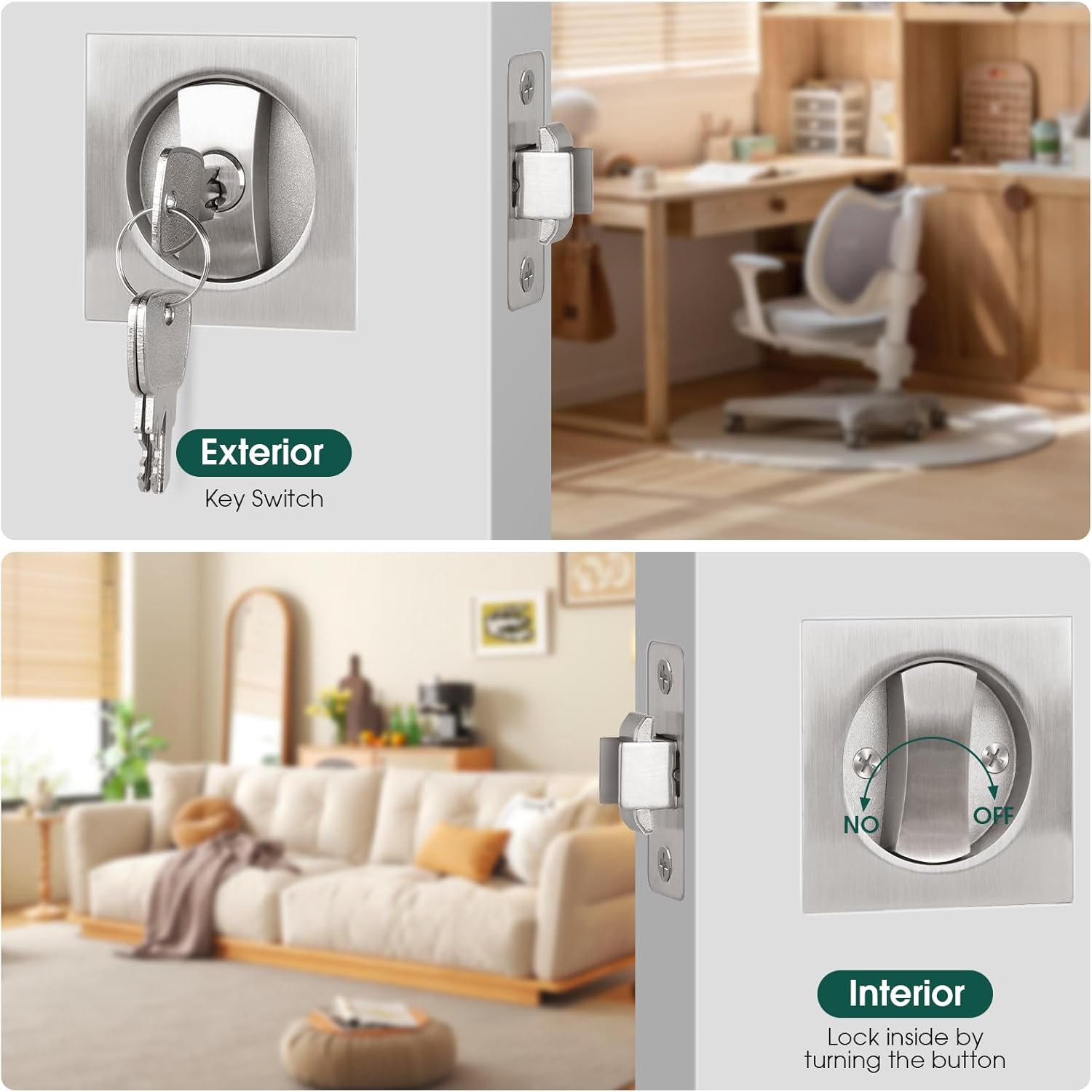 Square Pocket Door Lock, Satin Nickel Pocket Door Hardware, Sliding Pocket Door Lock with Key, Flush Pocket Door Latch for Bed/Bath