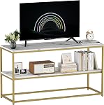 Function Home TV Pour les téléviseurs jusqu'à 55 De pouce, 3 Centre de divertissement Tier, Console multimédia avec étagères de rangement ouvertes pour chambre à coucher salon, 47” Moderne TV Table avec pied en métal doré de marbre faux