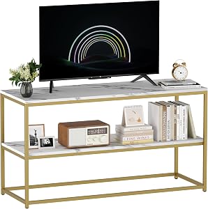 Function Home TV Stand for TVs up to 50 Inch, 2 Tier Entertainment Center, Modern TV Cabinet with Faux Marble Top and Gold Metal Base, 42" Media Console Table with Storage for Living Room Bedroom