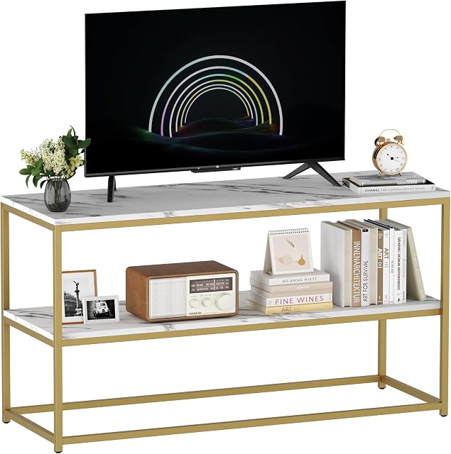 Function Home TV Stand for TVs up to 50 Inch, 2 Tier Entertainment Center, Modern TV Cabinet with Faux Marble Top and Gold Metal Base, 42" Media Console Table with Storage for Living Room Bedroom