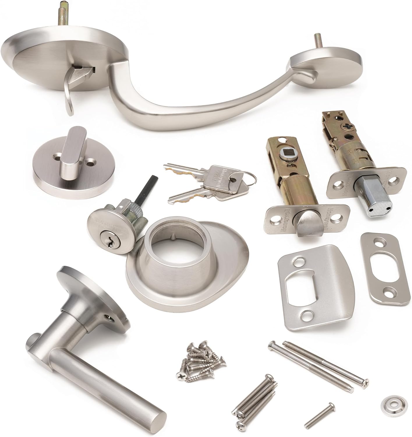 Honeywell Safes & Door Locks Satin Nickel Front Entry Handleset with Single Cylinder Deadbolt – Stylish and Secure Door Lock with Curved Lever for Interiror and Exterior Doors - 8108646