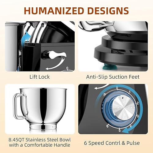 Miniatura 3 de Mezclador de masa eléctrico de 8.45 cuartos de galón, 660 W, 6 velocidades, gran capacidad, mezclador de soporte de cocina con gancho para batir