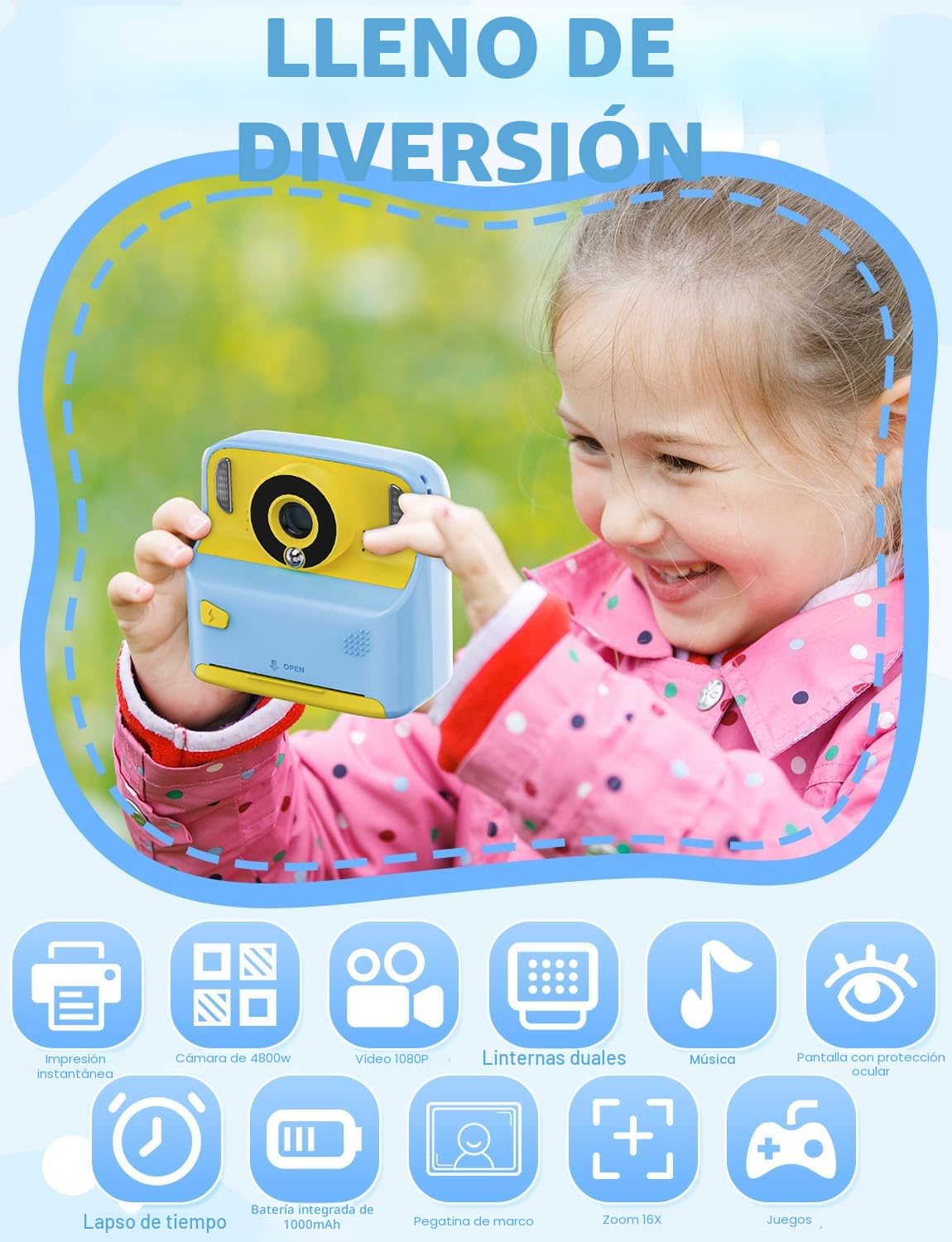 PHNIXGAM Cámara instantánea para niños con 2 Flash, cámara Digital, cámara Infantil, cámara de Fotos HD de 2,4 Pulgadas, Regalo para niños y niñas, Incluye 5 Rollos de Papel de impresión