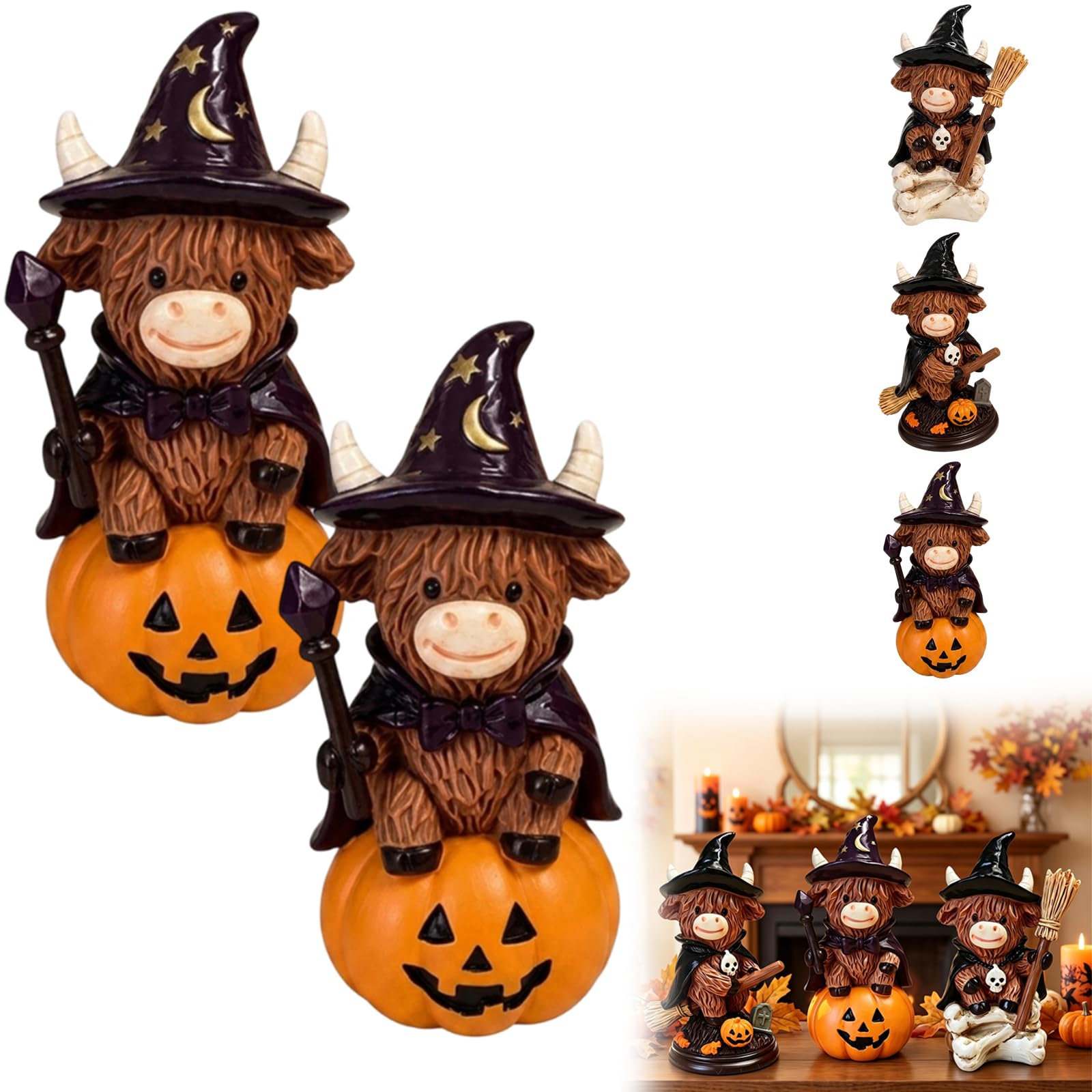 Vaca de las Tierras Altas bruja de resina para decorar la chimenea en Halloween