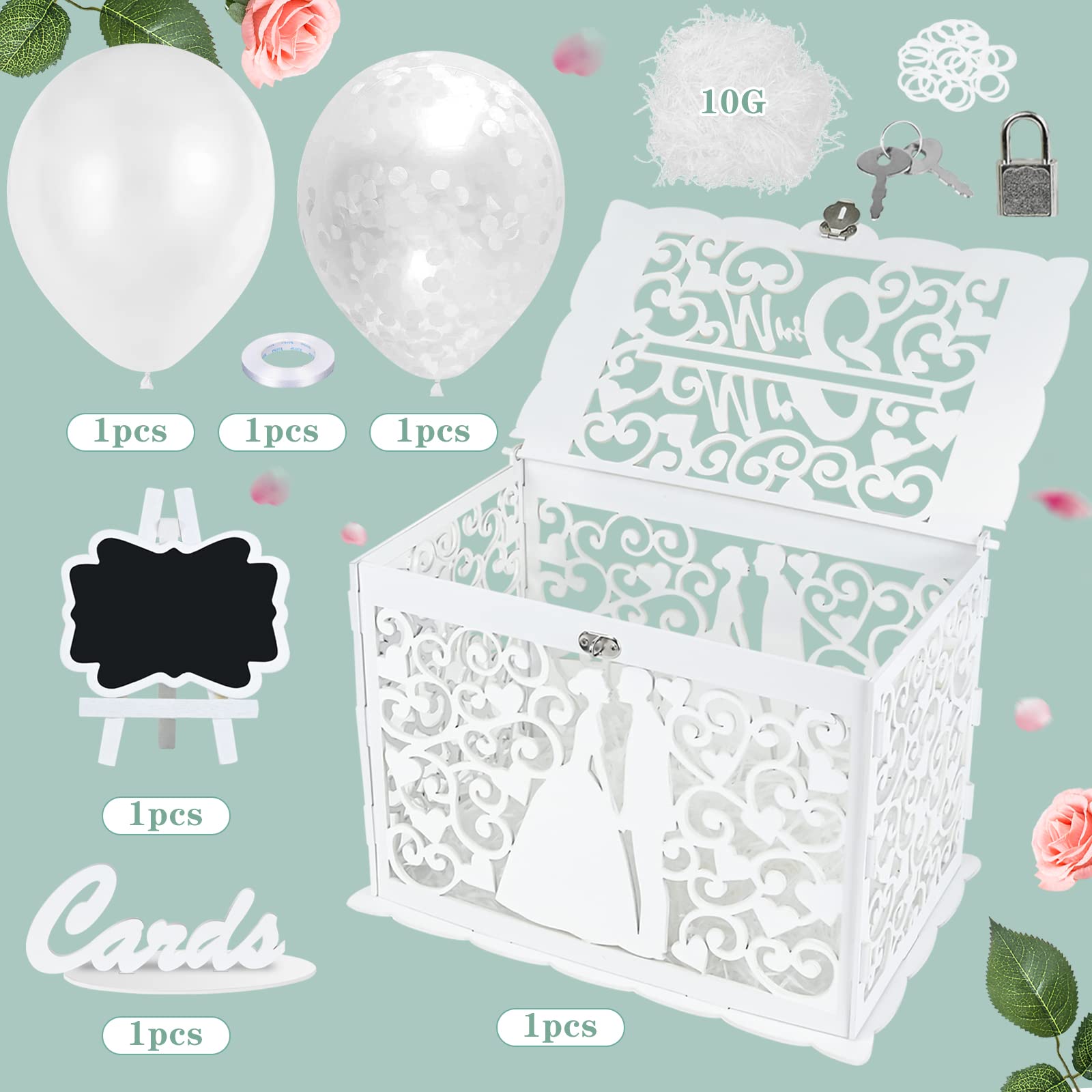 Ulikey Scatola Carte di Nozze, Porta Buste Matrimonio Legno, per Soldi con Serratura, Contenitore con Palloncini e Rafia, Decorazione (Stile 2)