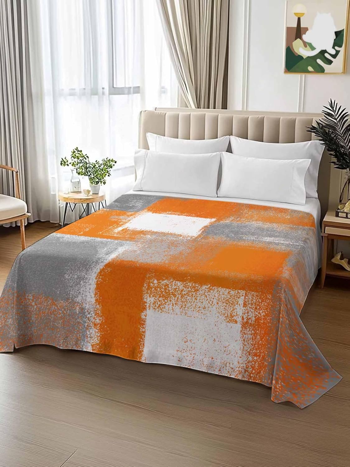 Top Sheet Full Bedding Flat Sheet Only, Orange Gradient Oil Painting Style Microfiber Bed Sheets Soft Breathable Bedding Flat Sheets, Gray Color Block Hotel Luxury Top Sheets