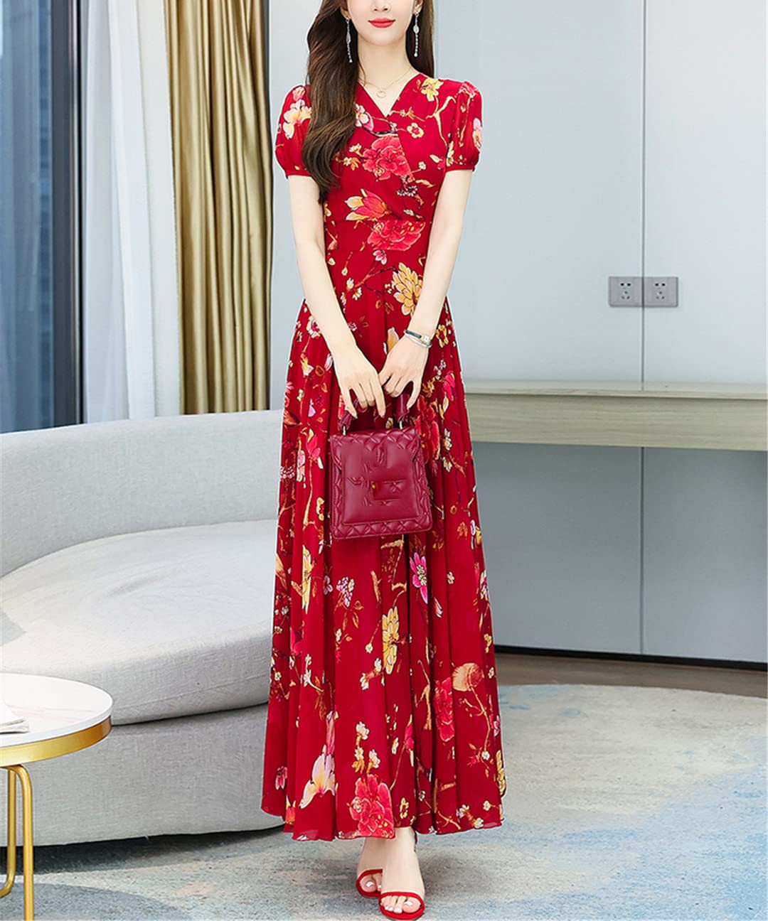 Abito estivo da donna, in chiffon, floreale, elegante, vintage, per feste