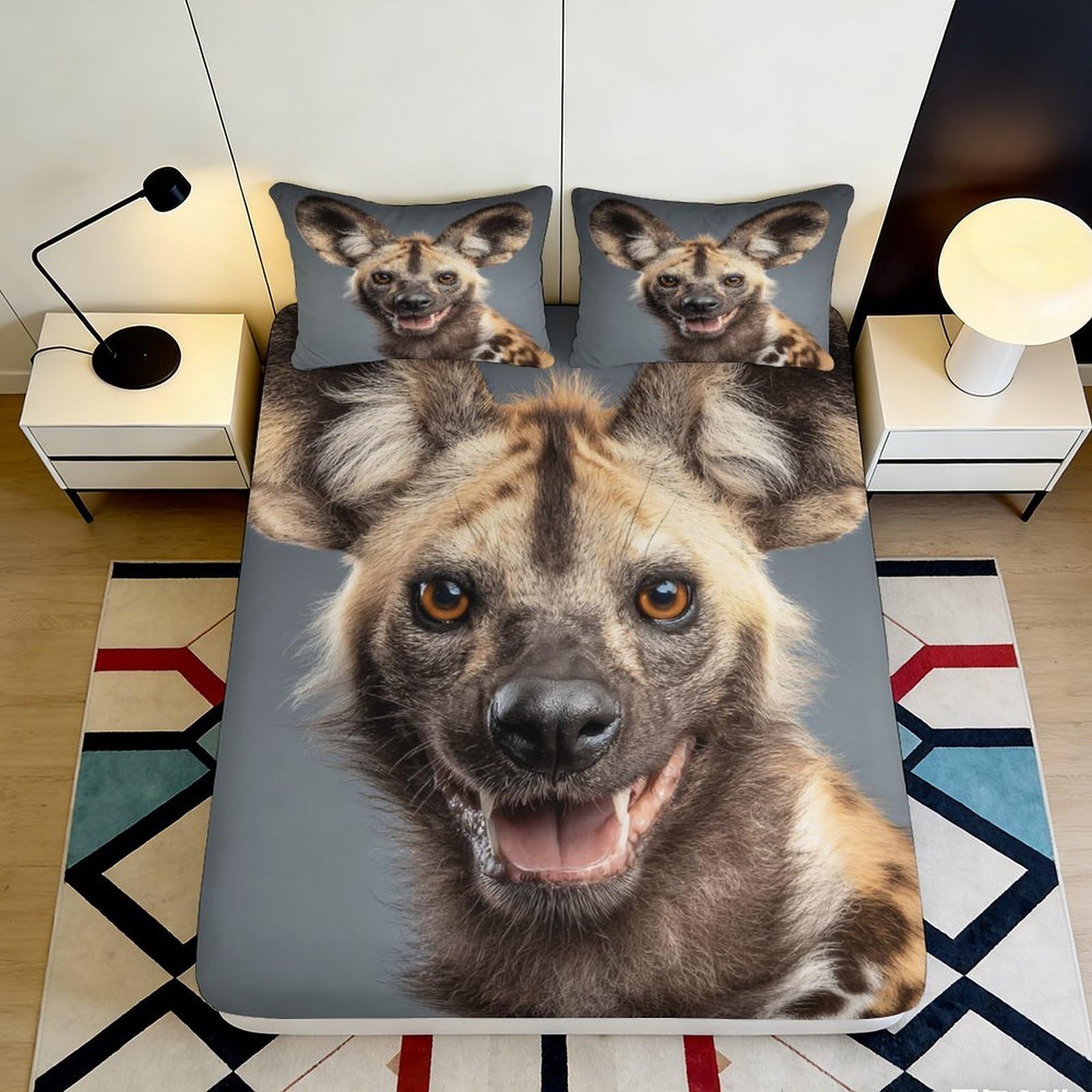 3D Printed Hyena Animal Fitted Sheet Microfiber Soft Grey Cartoon Mattress Cover for Bedroom Dorm Home Decor 90x200x25cm