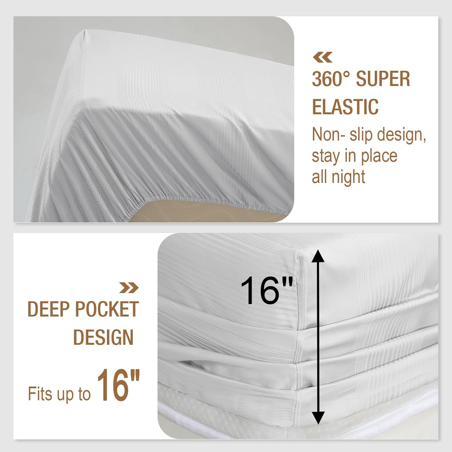 IKIFLY Queen Size Sheet Set, Striped Jacquard Ultra Soft Cooling Sheets, 16" Deep Pocket, Breathable & Wrinkle Resistance, 4 Piece Hotel Luxury Silky Bed Sheets & Pillowcases, White