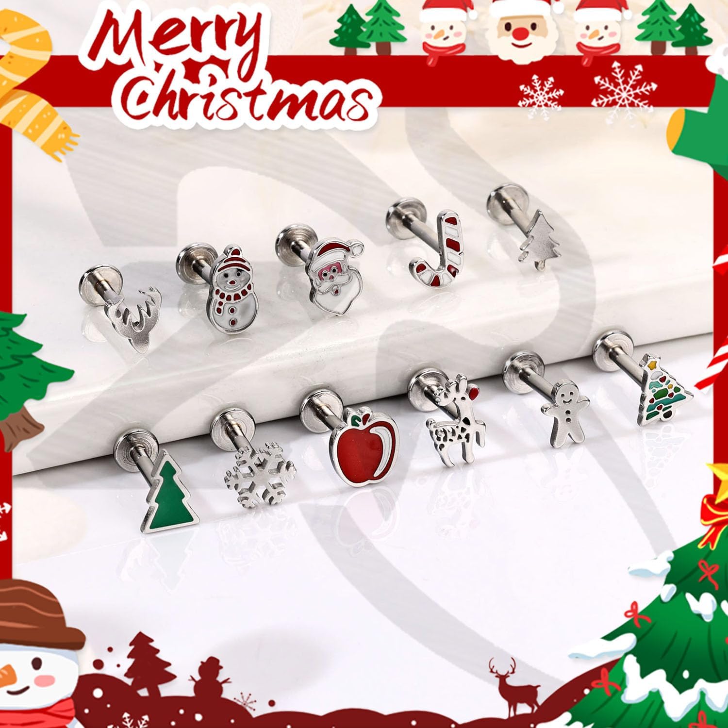 ZS 6Pcs Christmas Tree Lip Stud, 16G Stainless Steel Labret Lip Piercing Flat Back Elk Lip Jewelry Santa Claus Apples Snowflake Snowman Nose Stud Holiday Earrings for Women Men