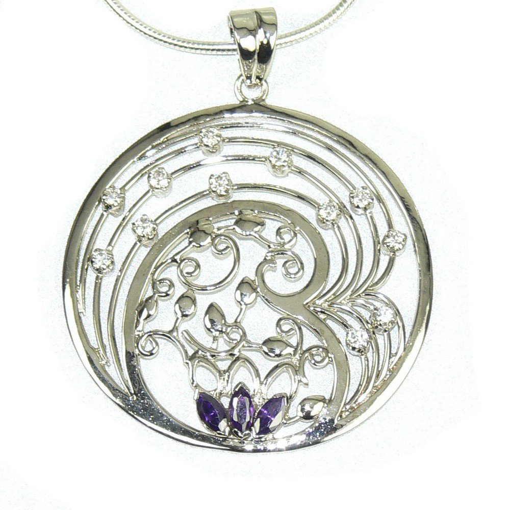 Franki Baker Pretty Floral Pendant with Amethyst & CZ on Sterling Silver Snake Chain, Stone, Cubic Zirconia Amethyst