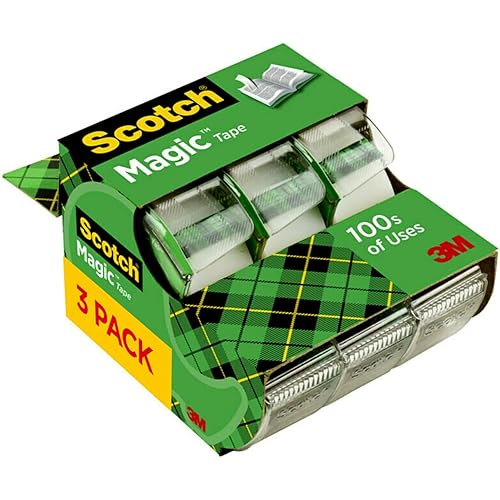 Scotch Magic Tape, Invisible, Holiday Supplies and Gift Wrap Tape, 3 Rolls with Dispensers, Great for Christmas Crafts
