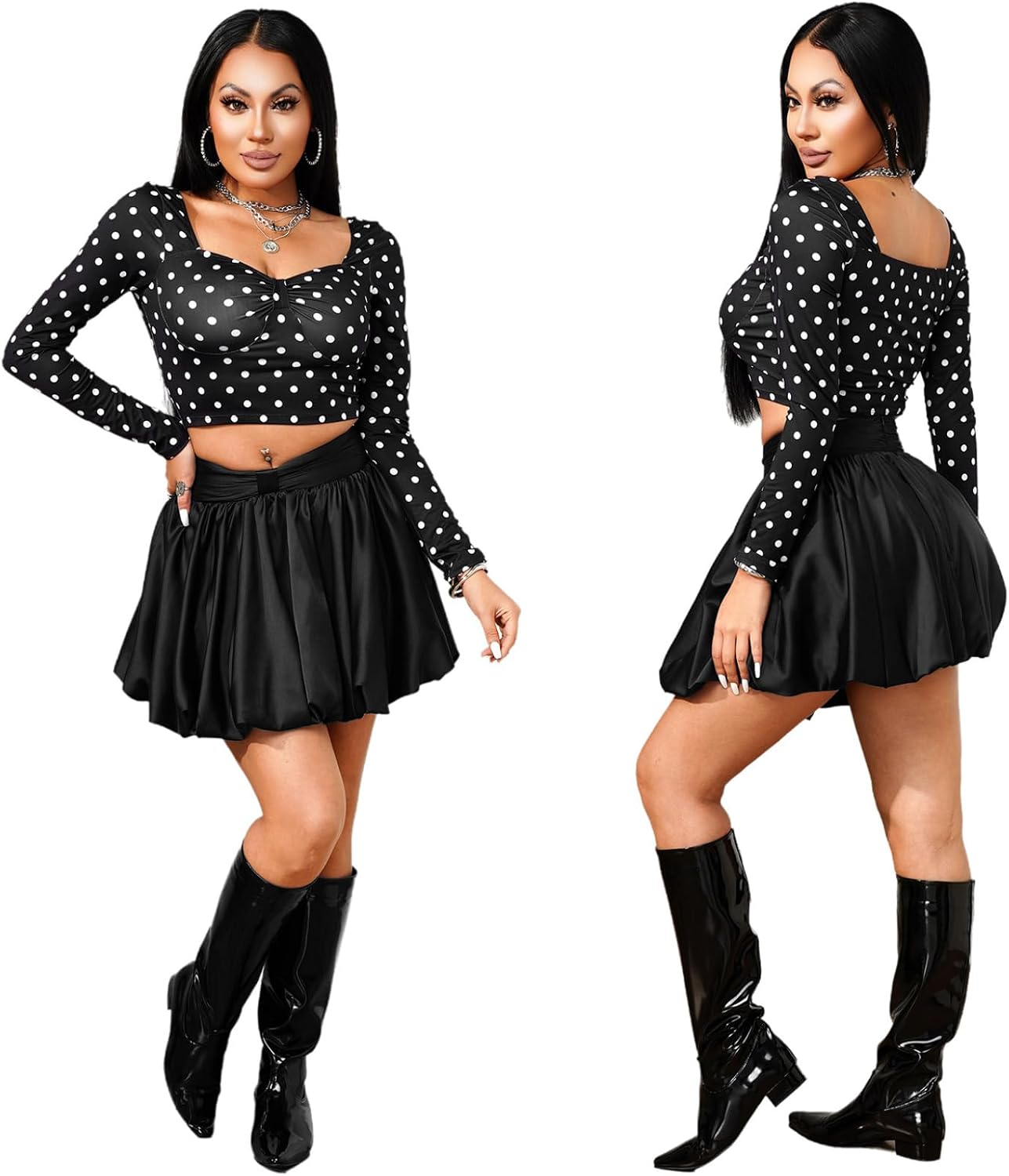 Women City Travel Cute Ensemble Event Gathering Black Medium | Hen Party,Feminine Look,Night Look,Coordinated Ensemble,Mini Skirts,Polka Dot,Moderate Stretch,Sweatheart Neck,for Hang Out