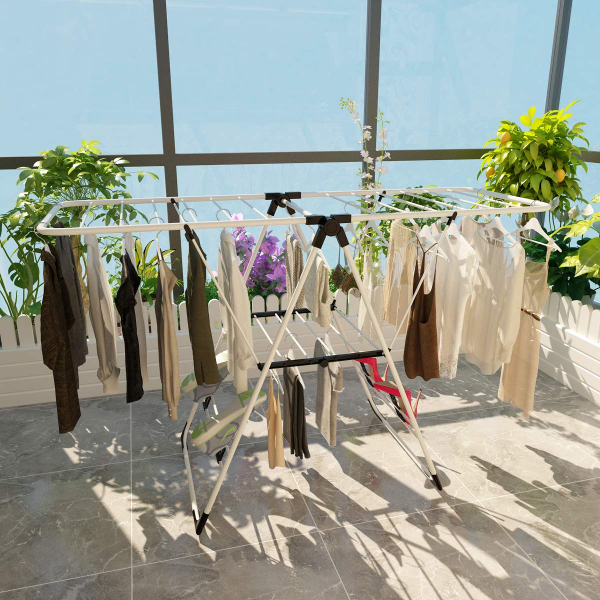 HOMASIS Tendedero Plegable, Perchero Extensible con Doble ala Ajustable, Tendedero portátil de Acero y plástico con rieles de Secado y Soportes para Zapatos, para Interior y Exterior, 137x50x90cm