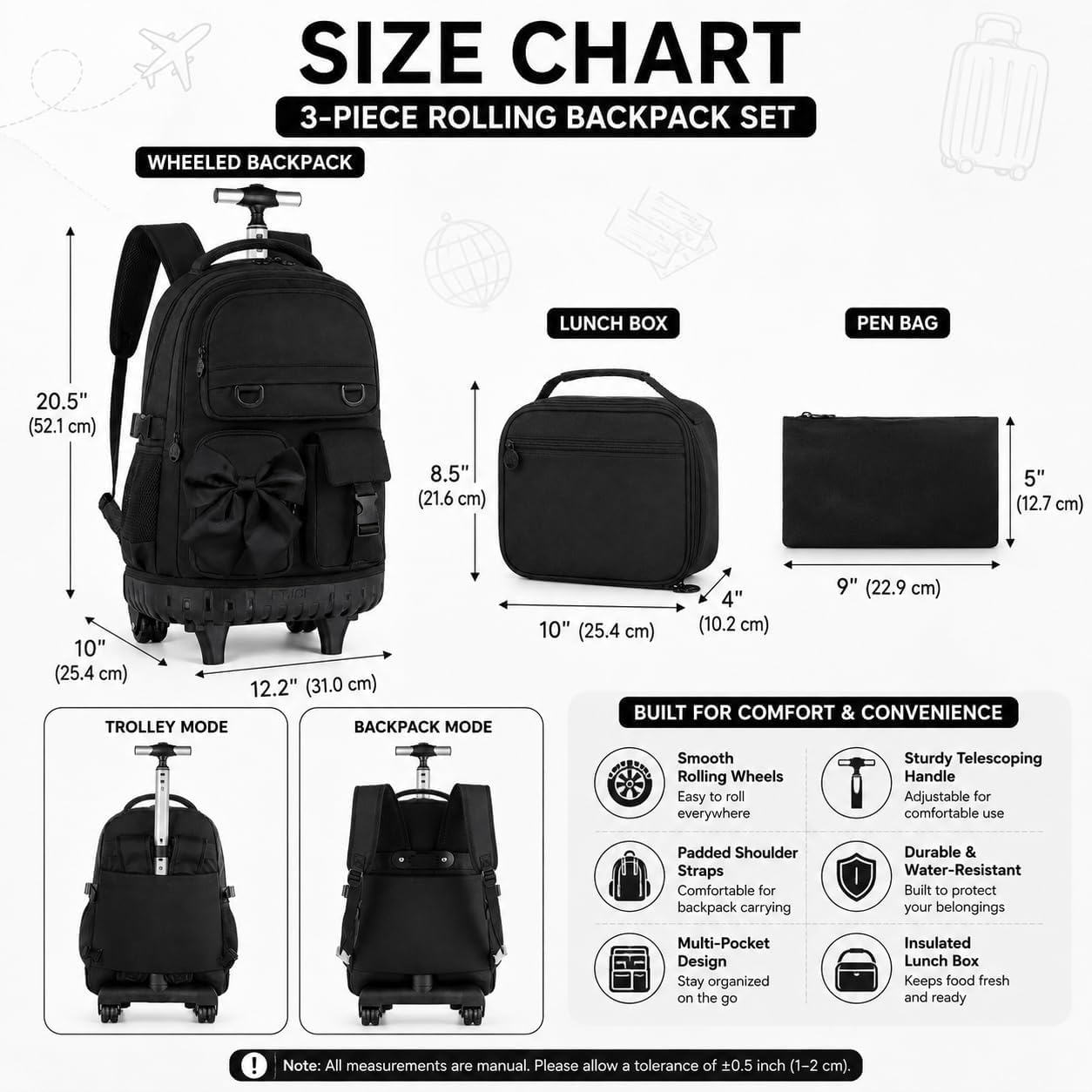 3Pcs Rolling Backpack for Girls Women, School Kids Roller Bookbag with Wheels, Wheeled Backpacks Set for Elementary (Black) image 4