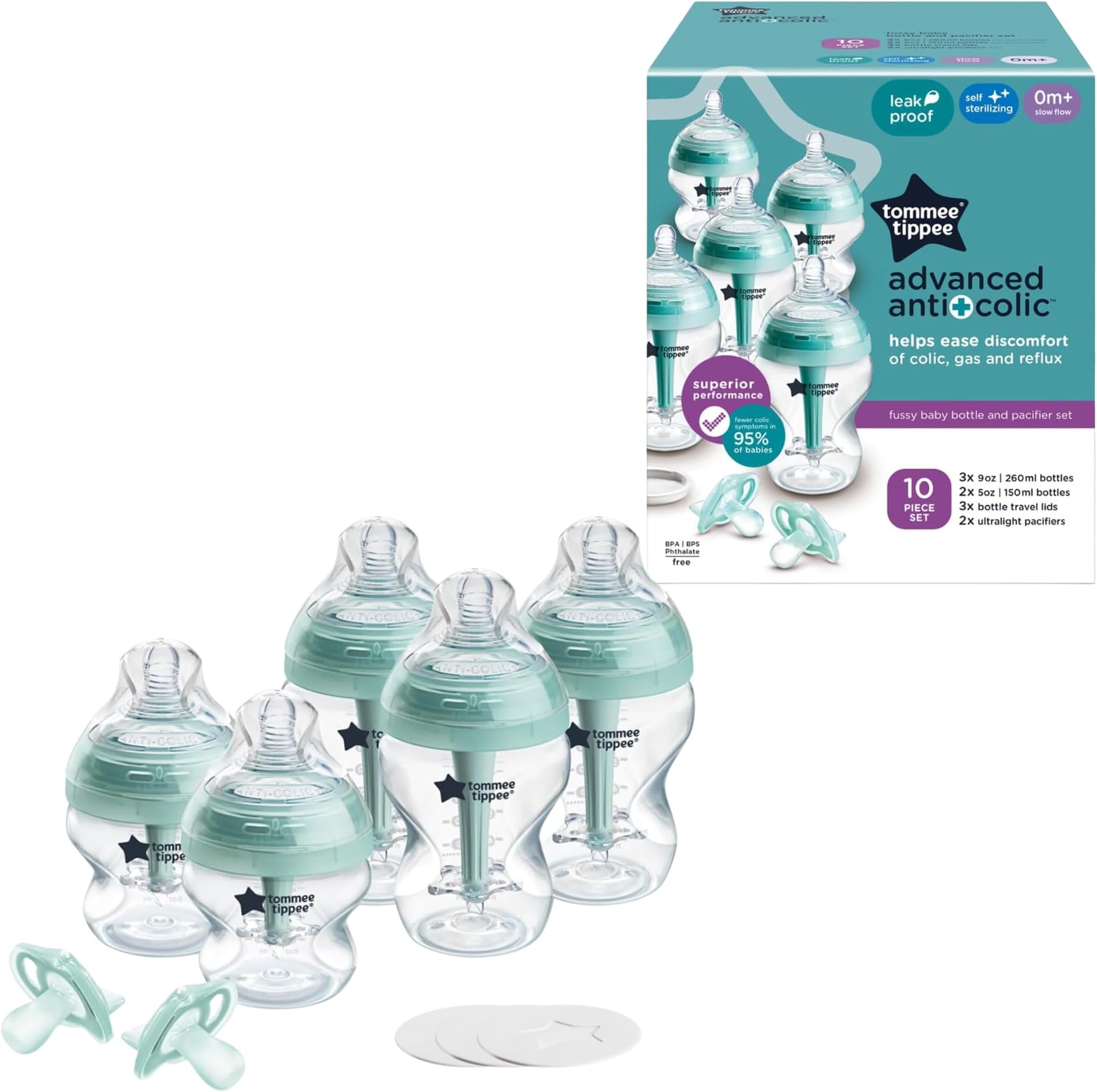 Advanced Anti-Colic Fussy Baby Bottle and Pacifier Set, 0m+, 5oz and 9oz Self-Sterilizing Bottles, Slow-Flow Breast-Like, Ultralight Pacifiers