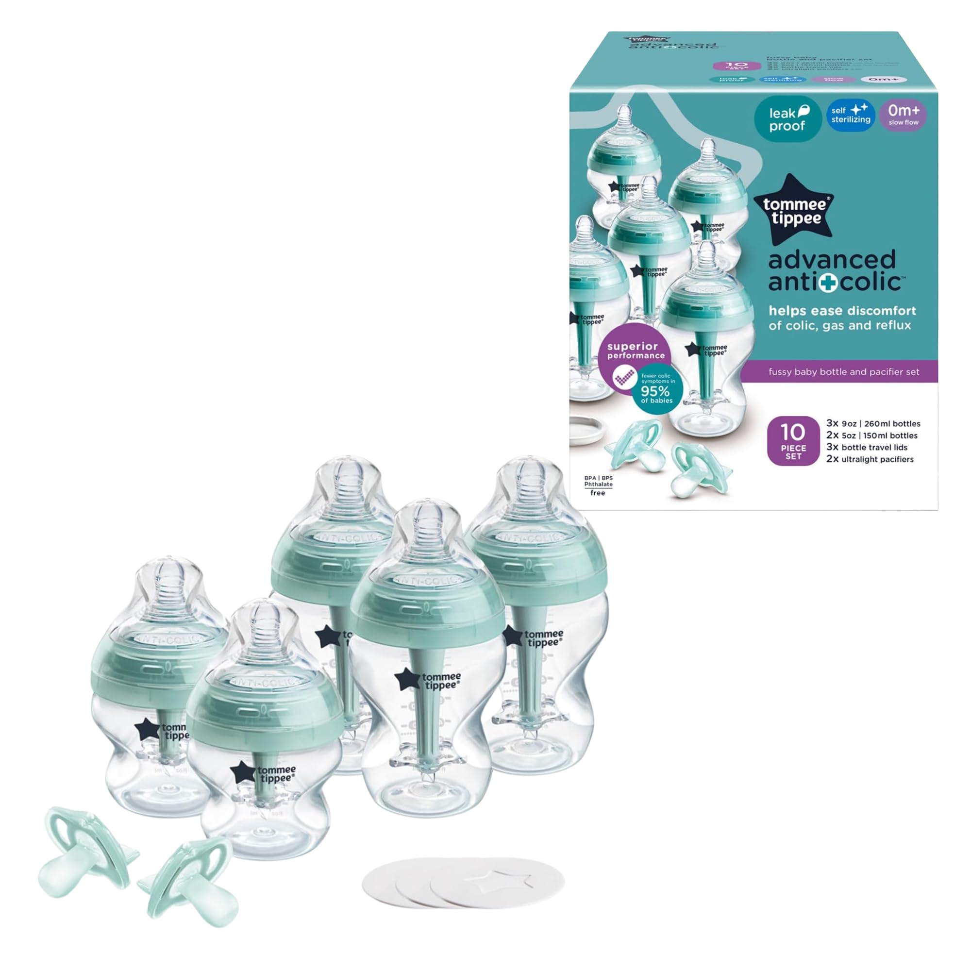Tommee Tippee Advanced Anti-Colic 10-teiliges Flaschen- und Schnuller-Set, 12,7 und 266 ml, BPA-freie Flaschen, Neugeborene ab 0 Monaten, langsamer und mittelhoher Durchfluss, brustähnliche
